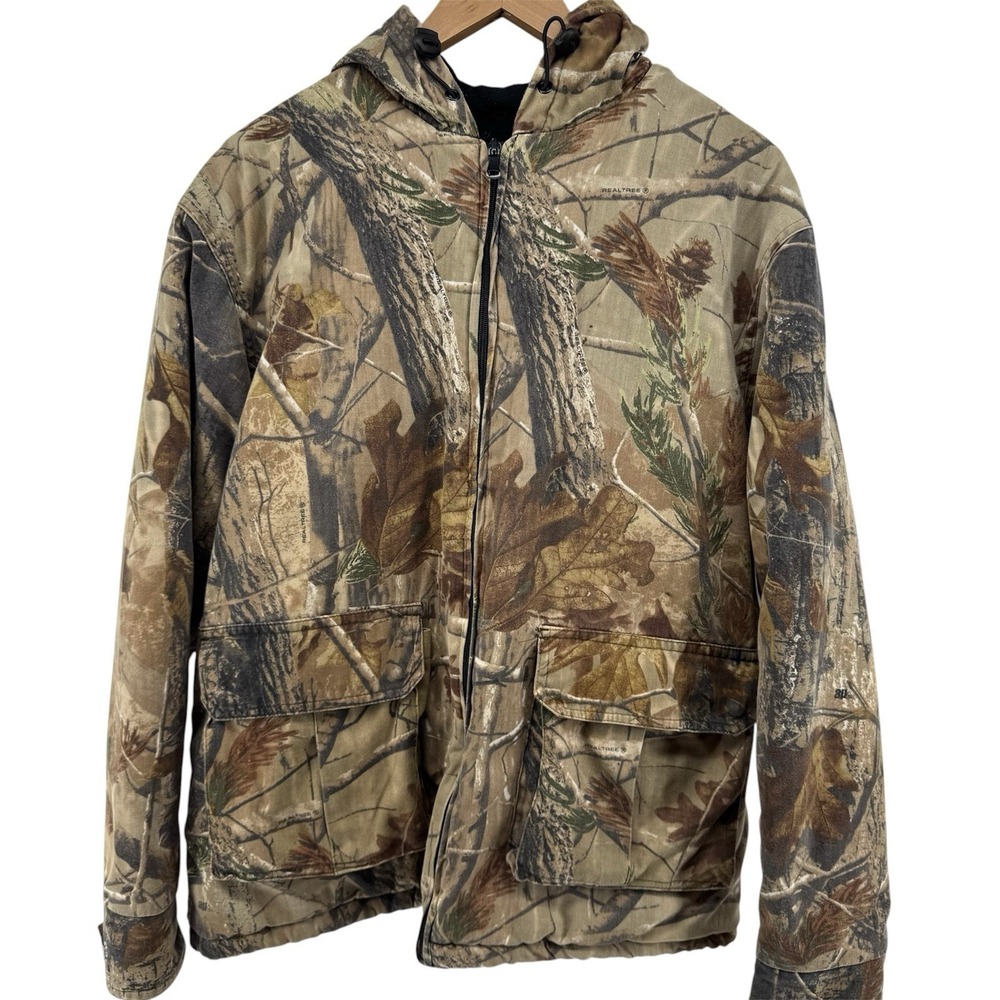 RealTree Jacket Adult Medium Brown Work Wear Camo Rain Hunting Hood Lined Mens